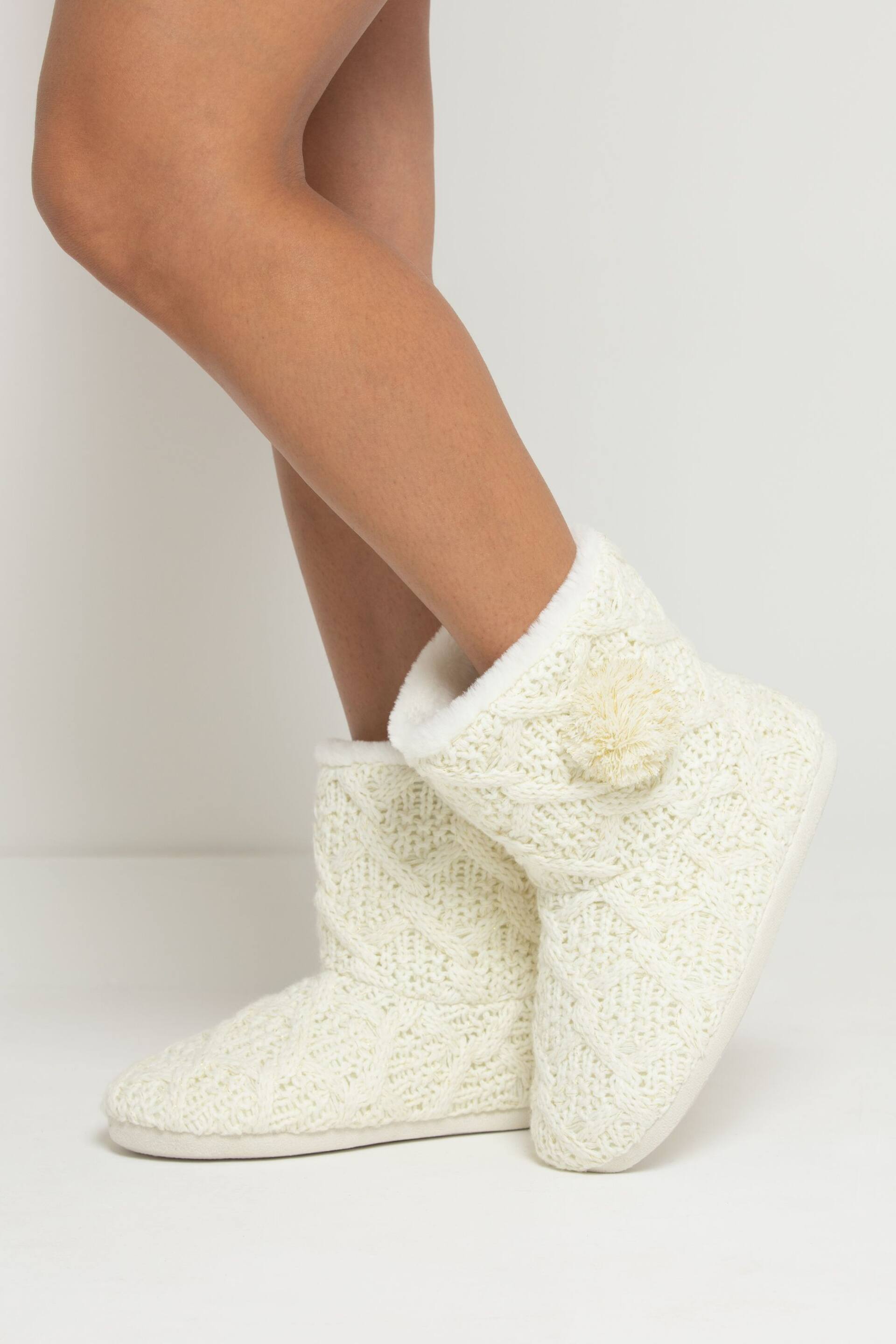 Pour Moi Cream Cable Knit Faux Fur Lined Bootie Slipper - Image 1 of 3