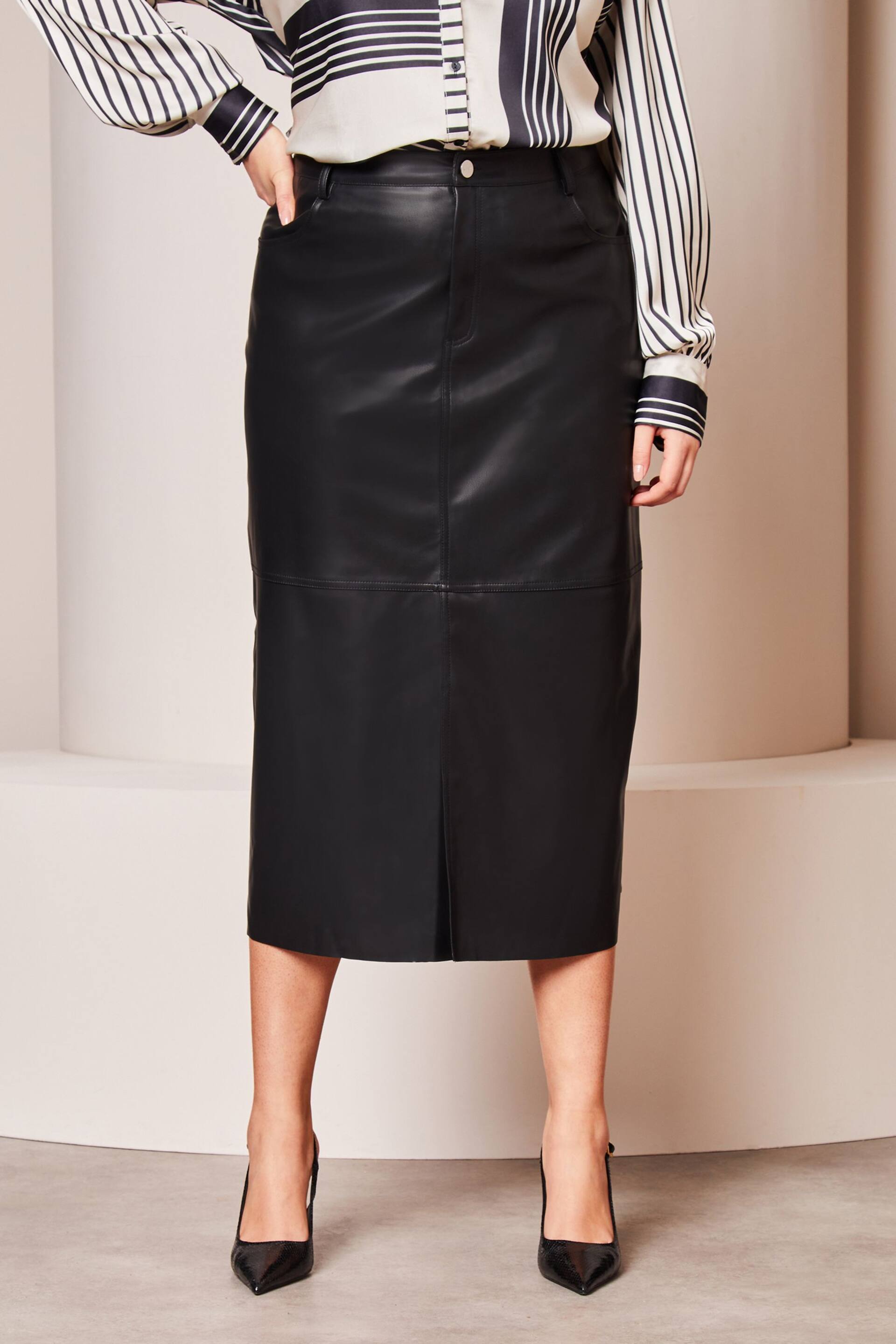 Lipsy Black Curve Faux Leather Split Hem Midi Skirt - Image 1 of 4