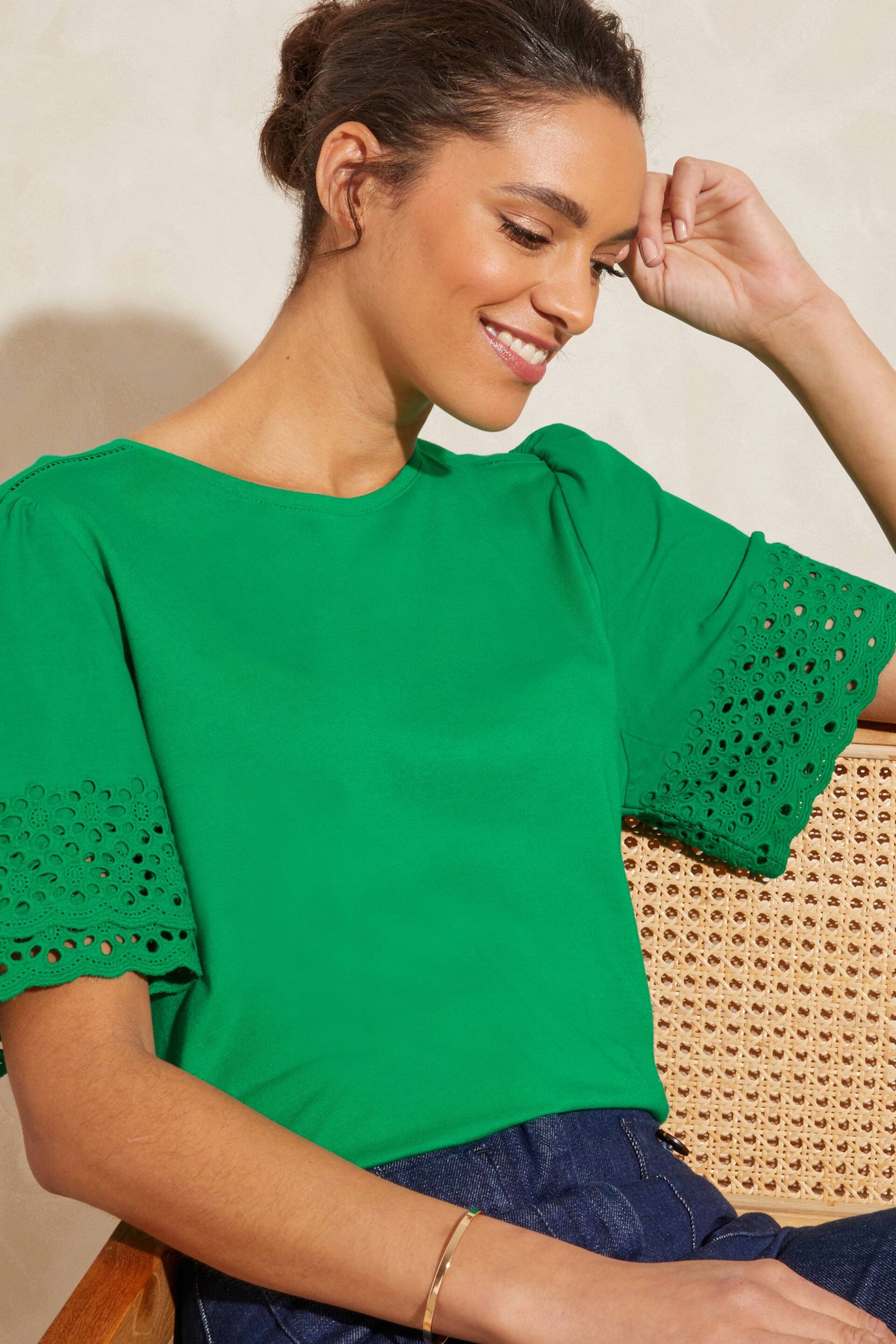 Love & Roses Green Broderie Trim Tiered Sleeve T-Shirt - Image 1 of 4