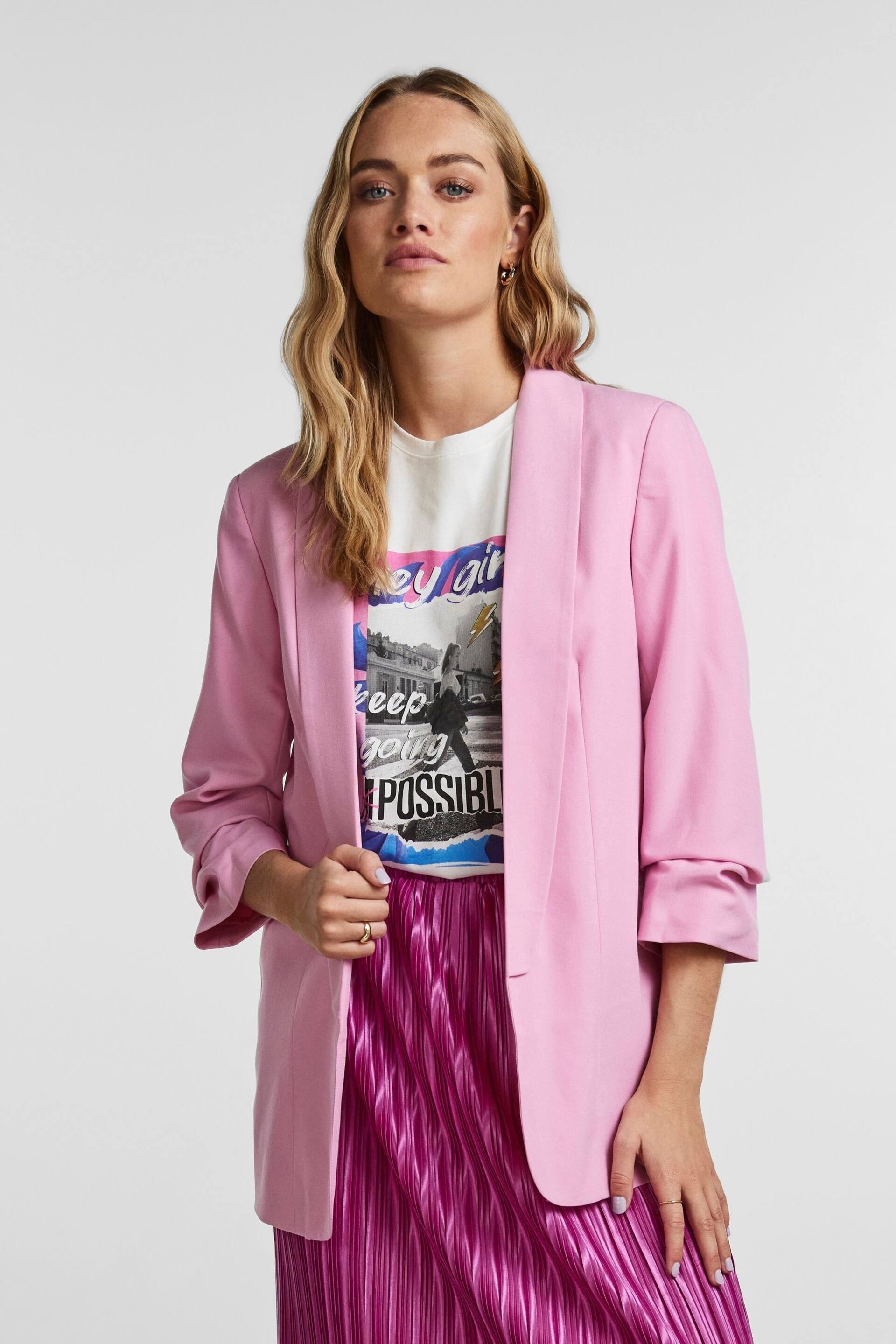 Pieces Pastel Pink Relaxed Ruched Sleeve Workwear Blazer - Image 1 of 5
