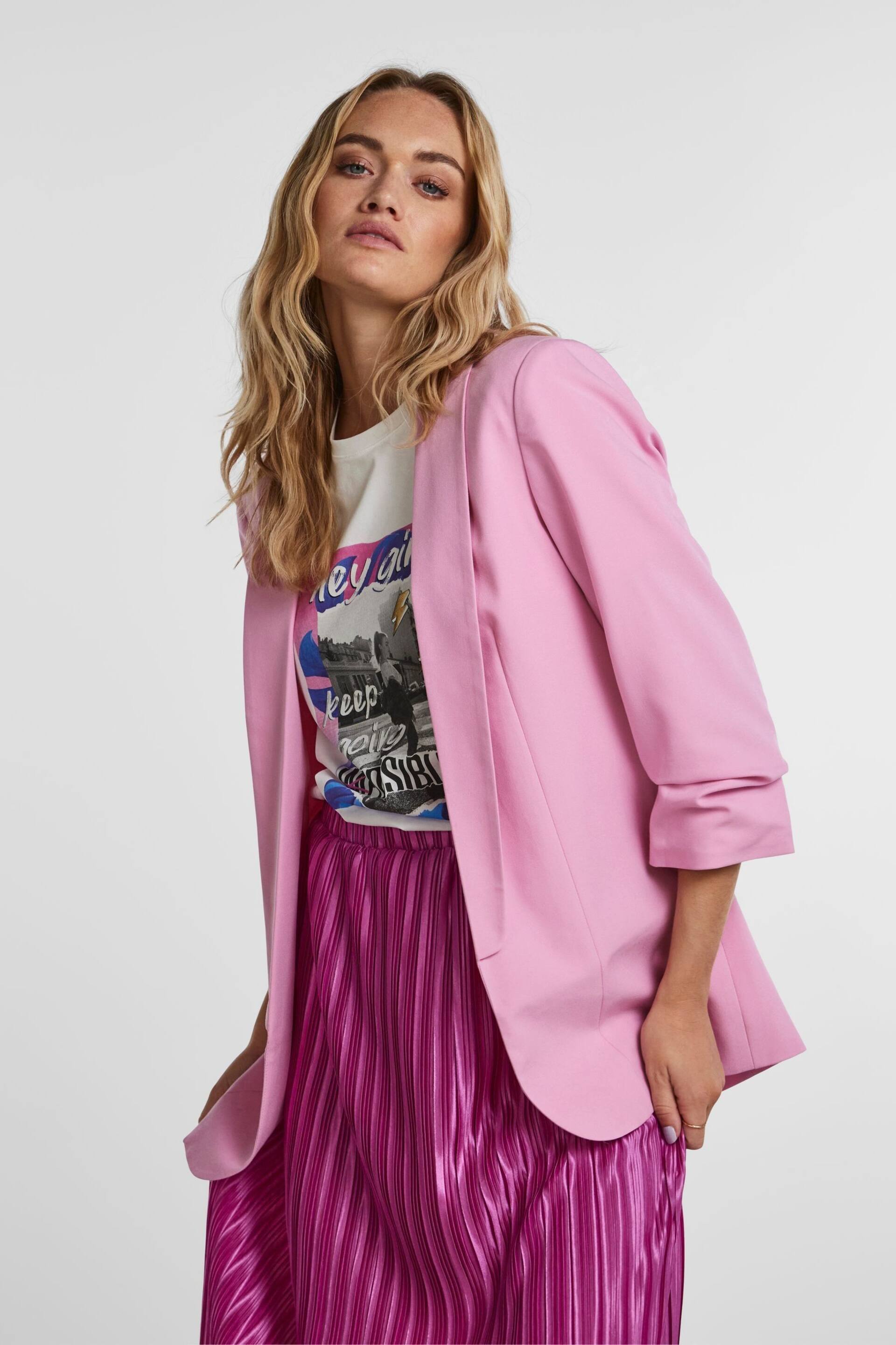 Pieces Pastel Pink Relaxed Ruched Sleeve Workwear Blazer - Image 2 of 5