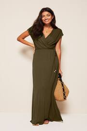 Friends Like These Khaki Green Short Sleeve Wrap V Neck Tie Waist Summer Maxi Dress - Image 1 of 4