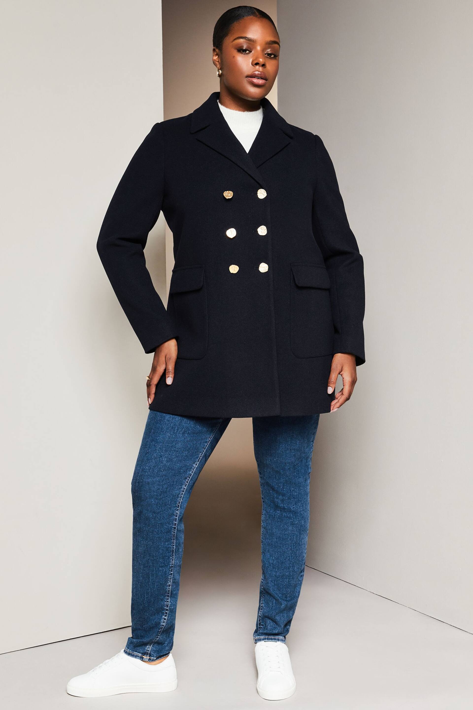 Lipsy Navy Blue Curve Hammered Button Dolly Coat - Image 4 of 4