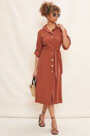Friends Like These Red Utility Belted Long Sleeve Midi Shirt Dress - Image 1 of 4