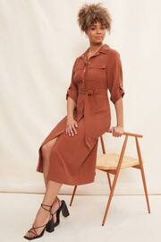 Friends Like These Red Utility Belted Long Sleeve Midi Shirt Dress - Image 3 of 4