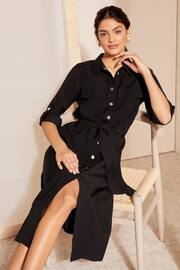 Friends Like These Black Utility Belted Long Sleeve Midi Shirt Dress - Image 1 of 8