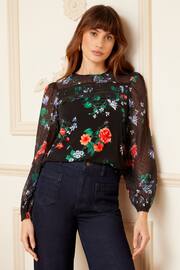 Love & Roses Black Floral Petite Long Sleeve Dobby Mix Jersey Blouse - Image 1 of 4