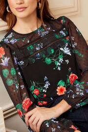 Love & Roses Black Floral Petite Long Sleeve Dobby Mix Jersey Blouse - Image 2 of 4