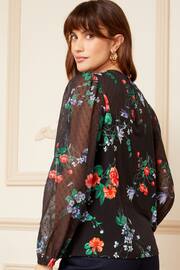 Love & Roses Black Floral Petite Long Sleeve Dobby Mix Jersey Blouse - Image 3 of 4