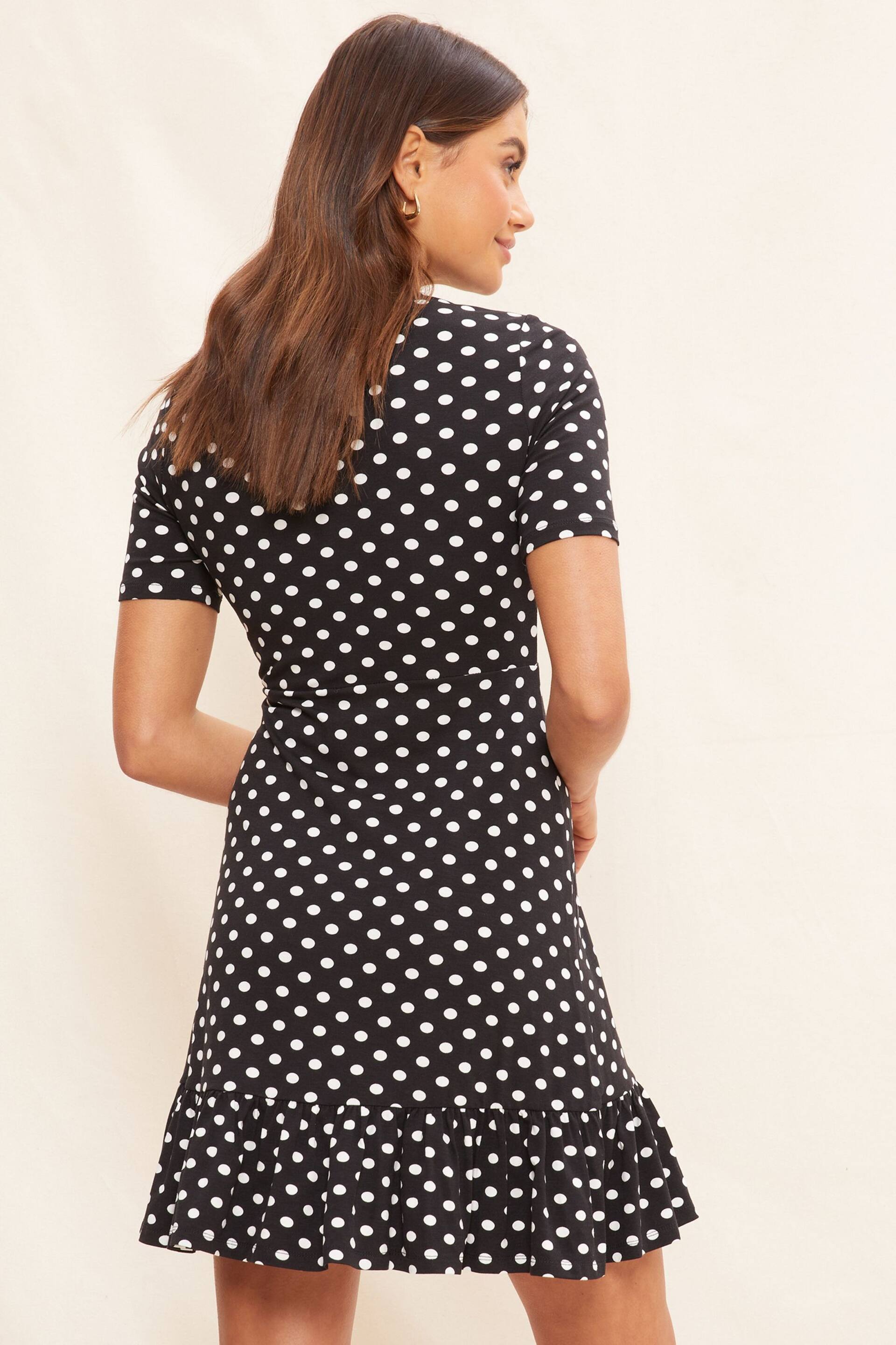 Friends Like These Black Spot Print Short Sleeve Ruffle Hem Jersey Mini Dress - Image 4 of 4