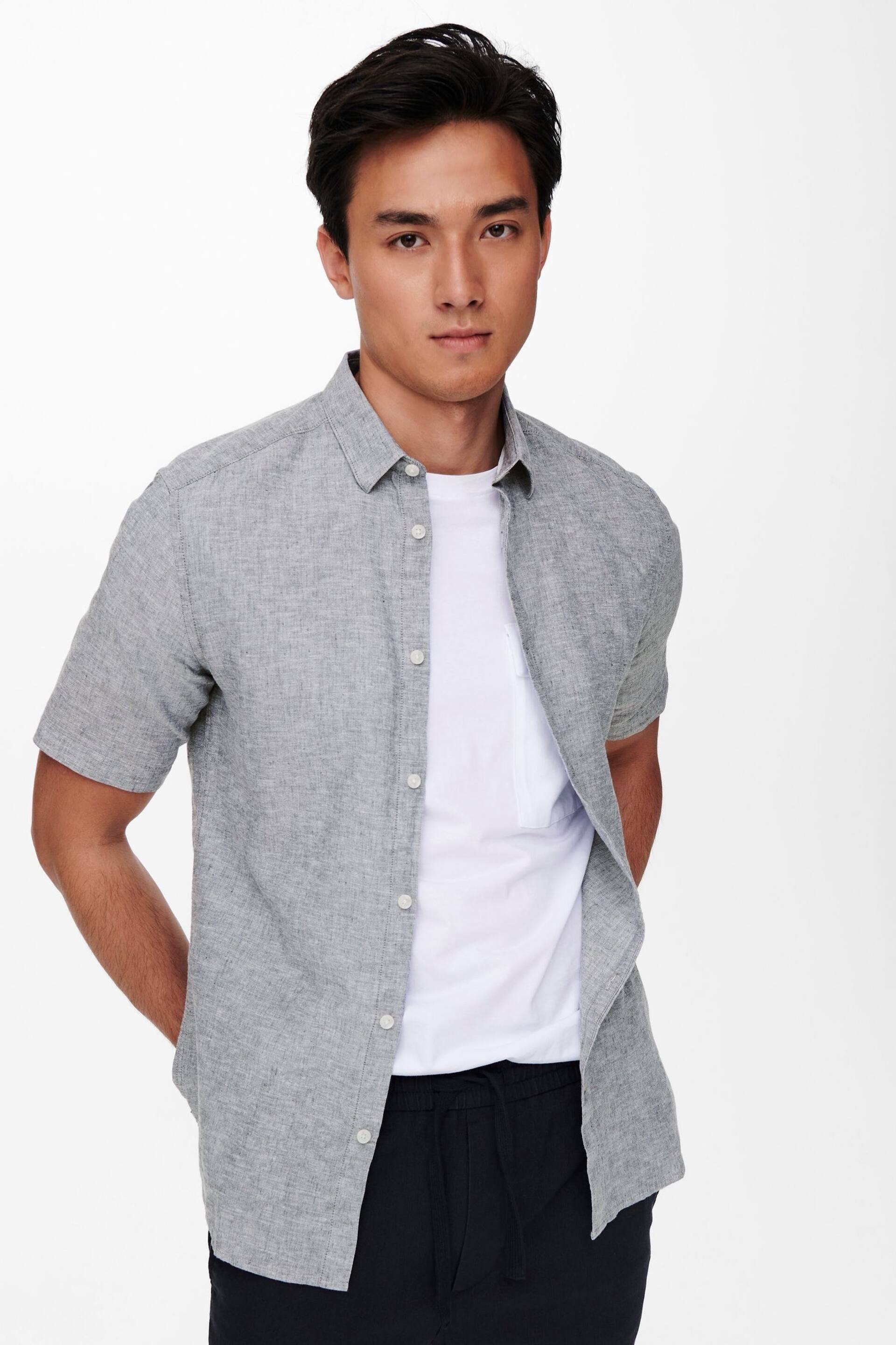 Only & Sons grey Short Sleeve Button Up Shirt Contains Linen - Image 2 of 5