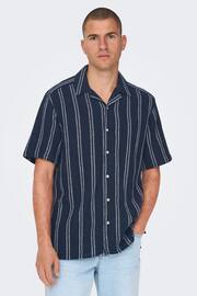 Only & Sons Navy Blue and White Woven Textured Short Sleeve Shirt - Image 1 of 5