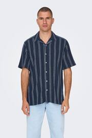 Only & Sons Navy Blue and White Woven Textured Short Sleeve Shirt - Image 2 of 5