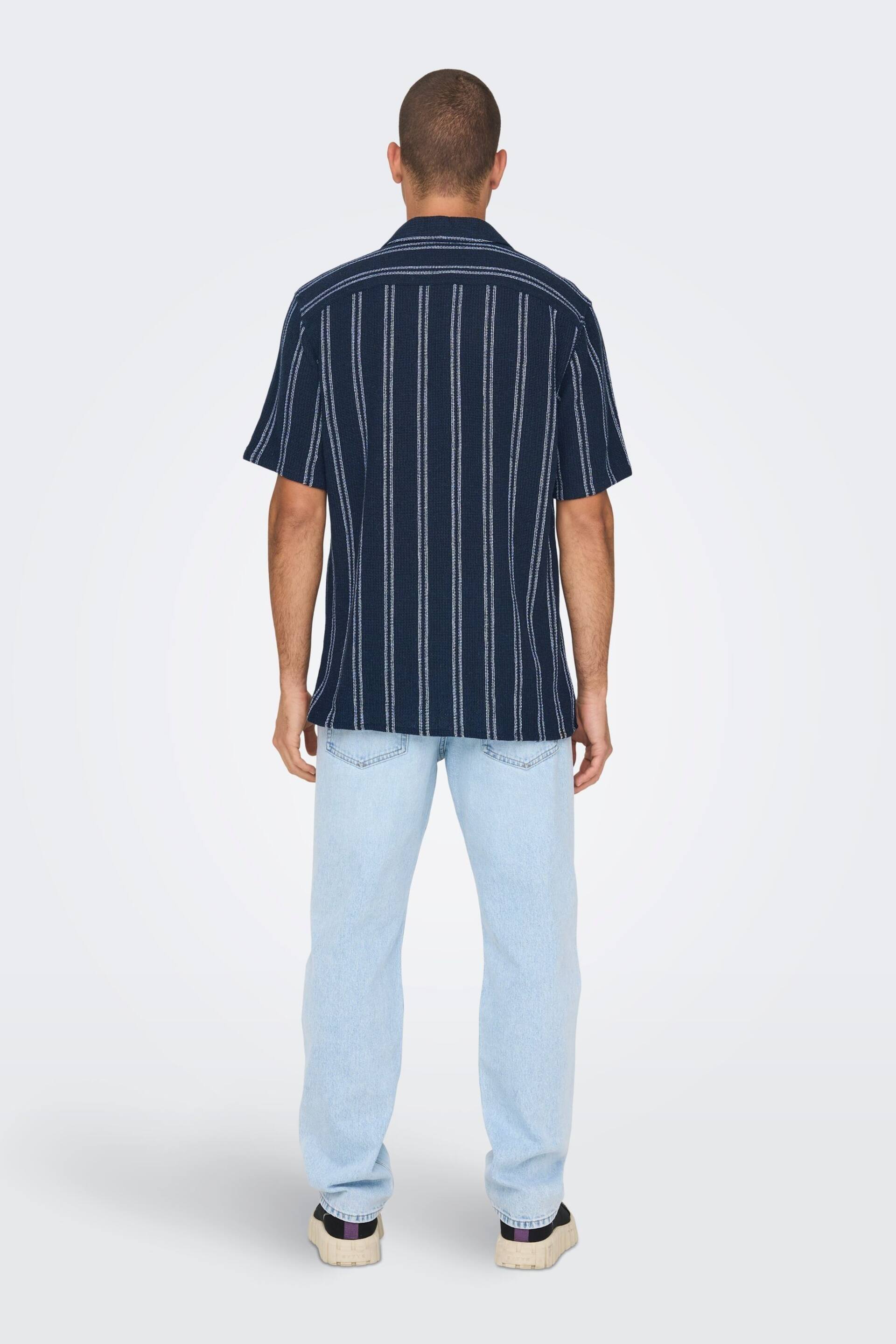 Only & Sons Navy Blue and White Woven Textured Short Sleeve Shirt - Image 3 of 5