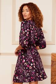 Love & Roses Purple Animal Petite Jersey 3/4 Puff Sleeve Wrap Mini Dress - Image 3 of 4