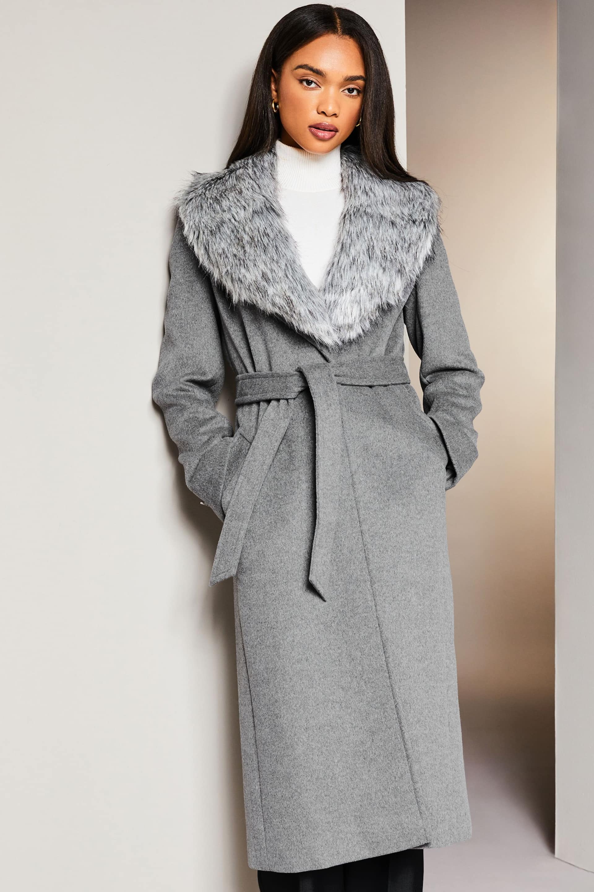 Lipsy Grey Premium Wool Blend Faux Fur Collar Wrap Coat - Image 2 of 4
