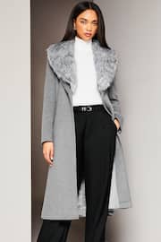 Lipsy Grey Premium Wool Blend Faux Fur Collar Wrap Coat - Image 4 of 4