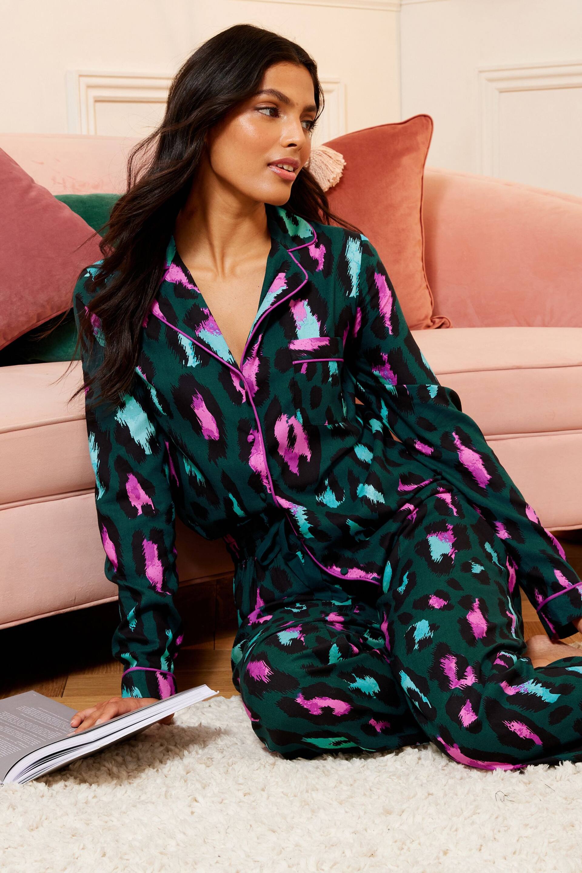 Love & Roses Green Leopard Super Soft Button Through Pyjamas - Image 1 of 4