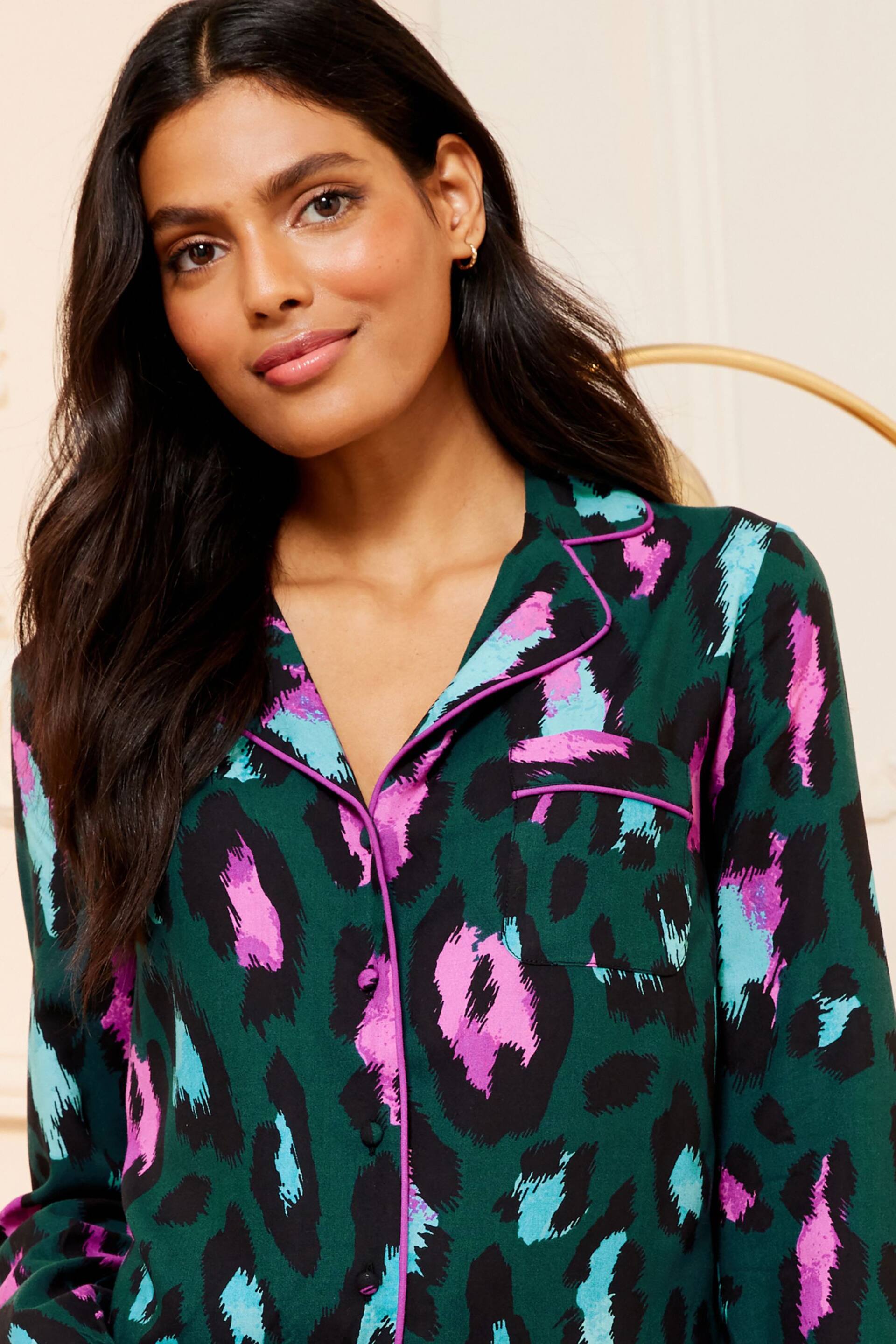 Love & Roses Green Leopard Super Soft Button Through Pyjamas - Image 2 of 4