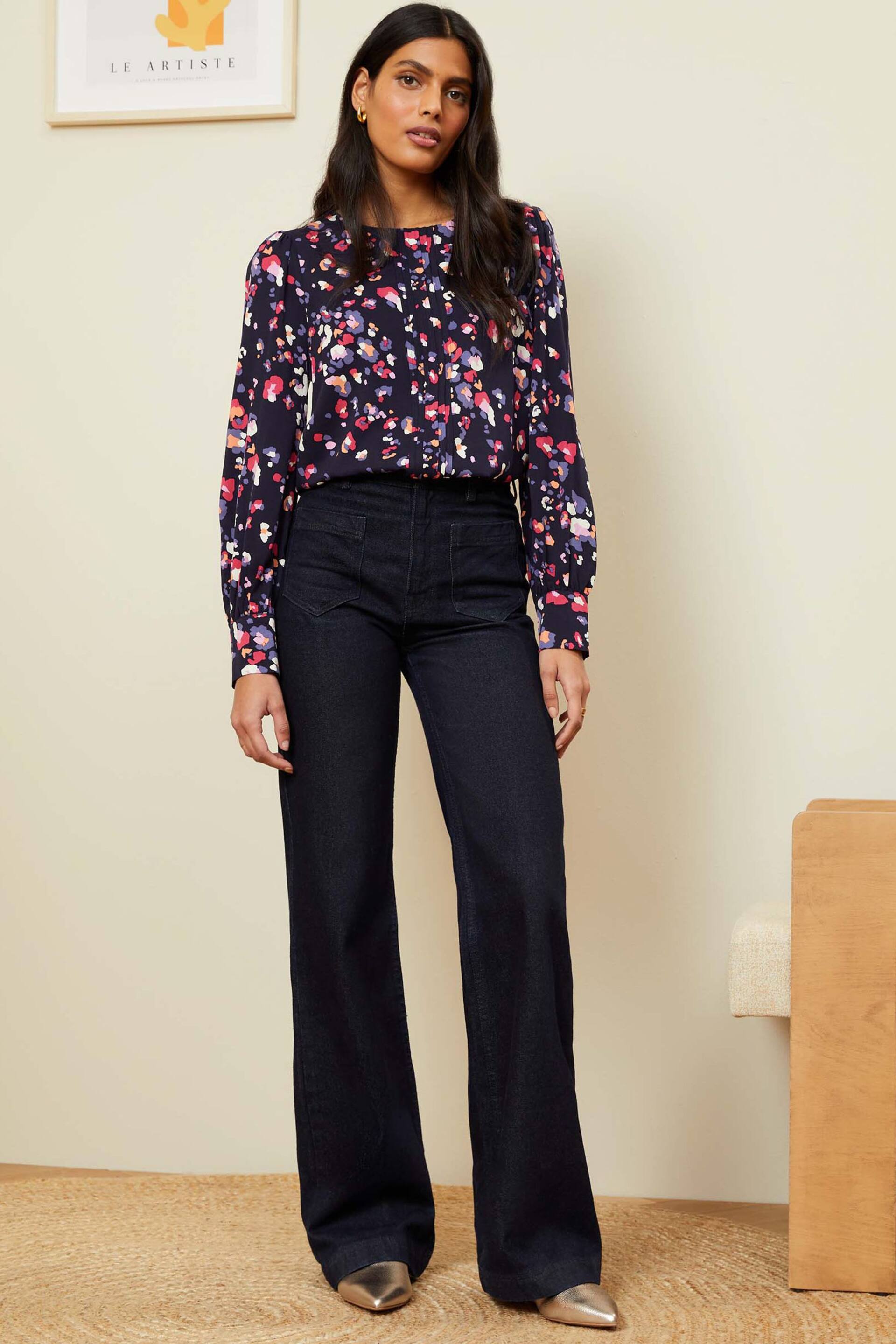 Love & Roses Navy Blue Animal Long Sleeve Blouse With Central Pintuck Details - Image 4 of 4
