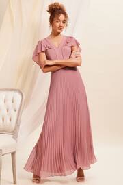 Love & Roses Rose Pink Ruffle Cape Detail Lace Trim Pleated Maxi Bridesmaid Dress - Image 1 of 4