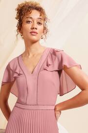 Love & Roses Rose Pink Ruffle Cape Detail Lace Trim Pleated Maxi Bridesmaid Dress - Image 2 of 4