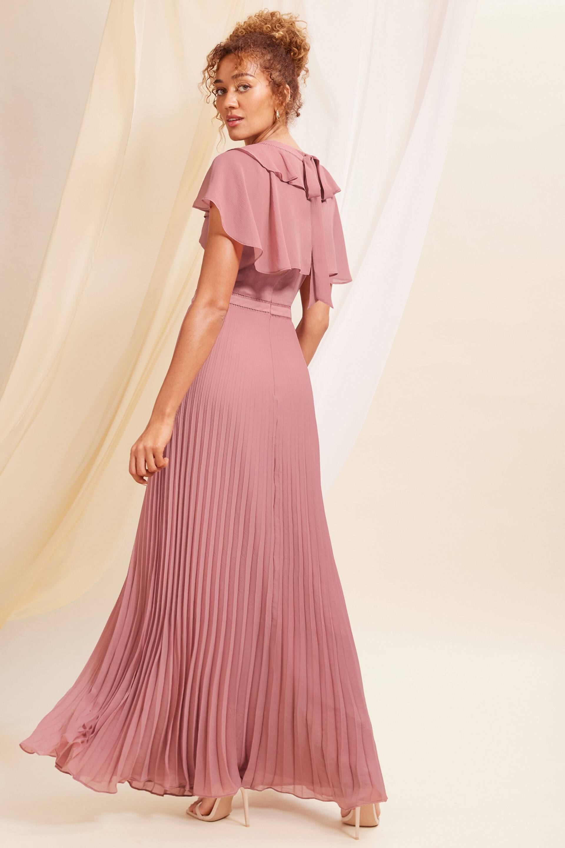 Love & Roses Rose Pink Ruffle Cape Detail Lace Trim Pleated Maxi Bridesmaid Dress - Image 3 of 4