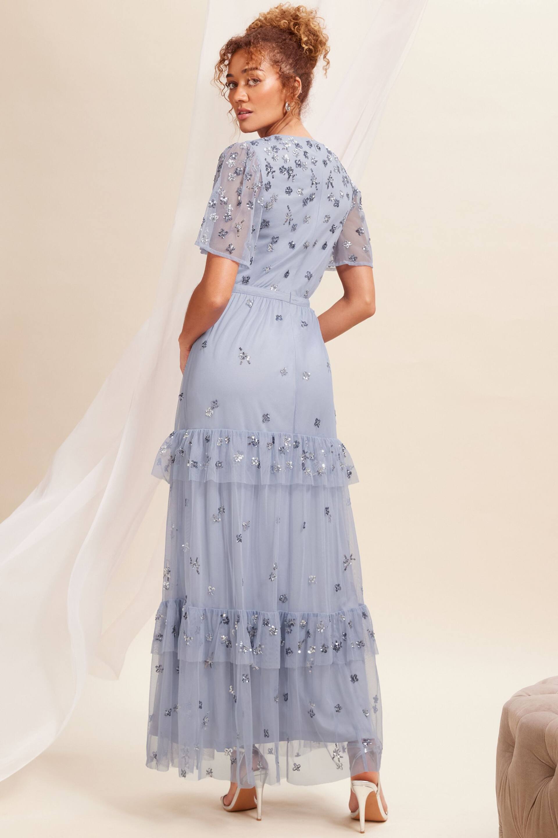 Love & Roses Blue Embellished Mesh Tiered Maxi Bridesmaid Dress - Image 3 of 4