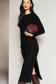 Lipsy Black Crew Neck Cosy Long Sleeve Tie Side Jersey Midi Jumper Dress - Image 4 of 4