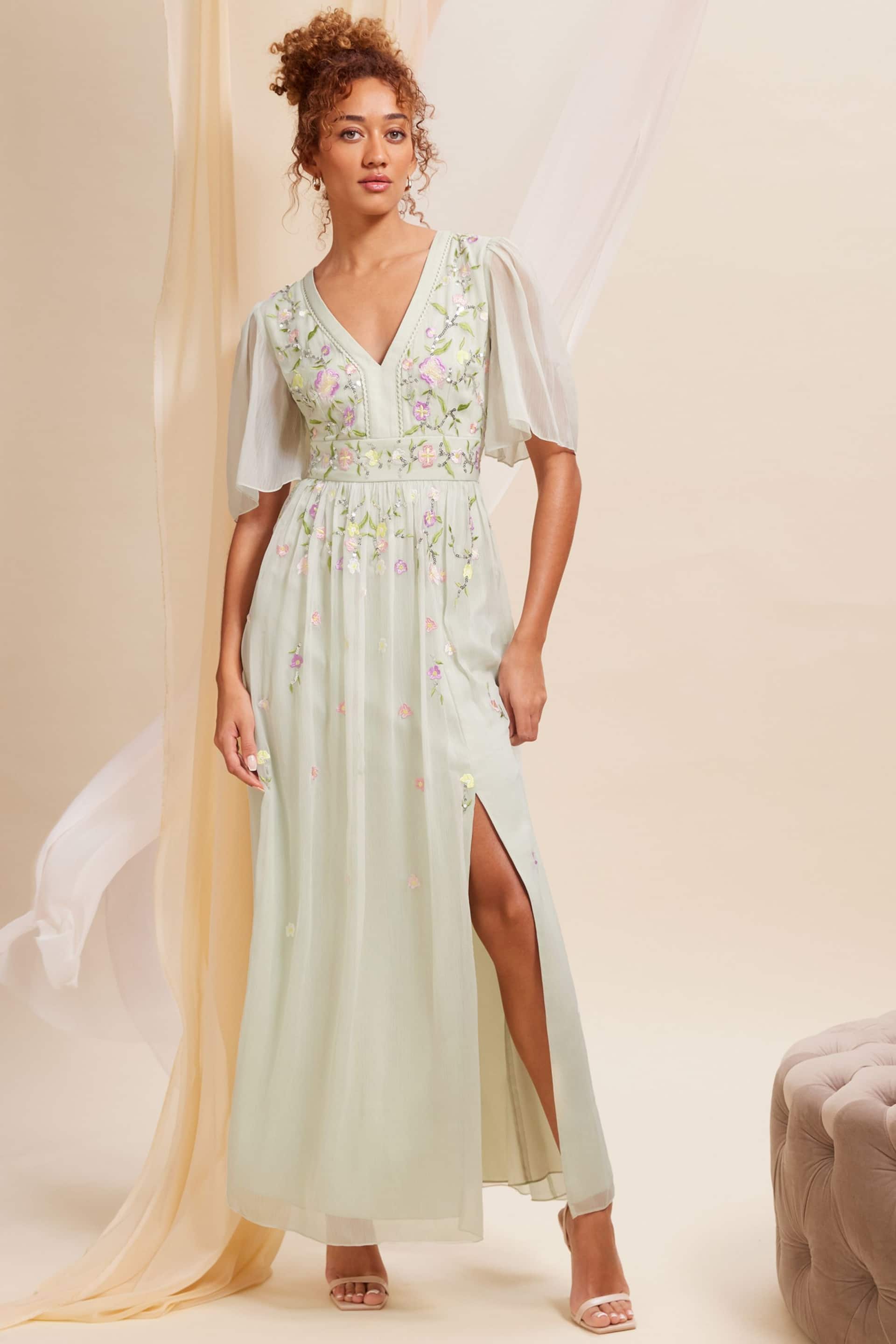 Love & Roses Green Embellished Chiffon Flutter Sleeve Maxi Dress - Image 1 of 4