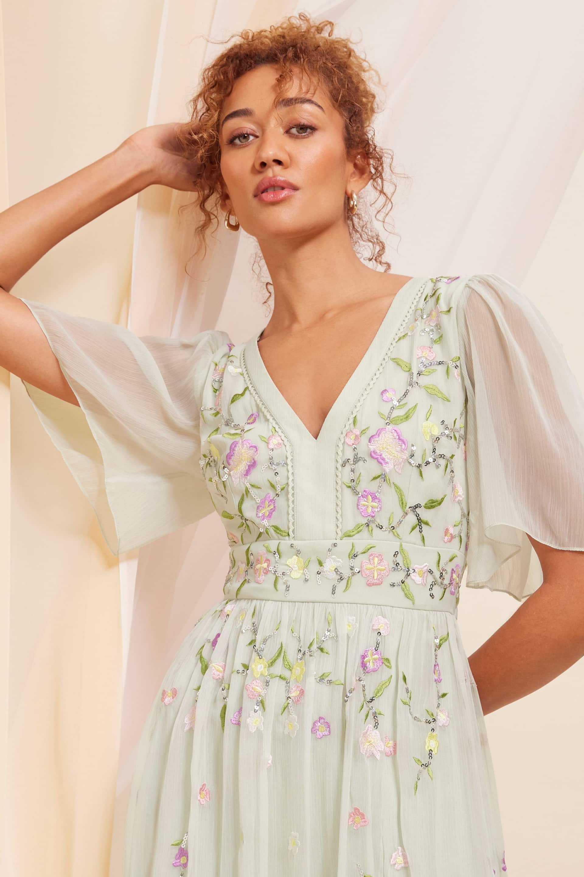 Love & Roses Green Embellished Chiffon Flutter Sleeve Maxi Dress - Image 2 of 4