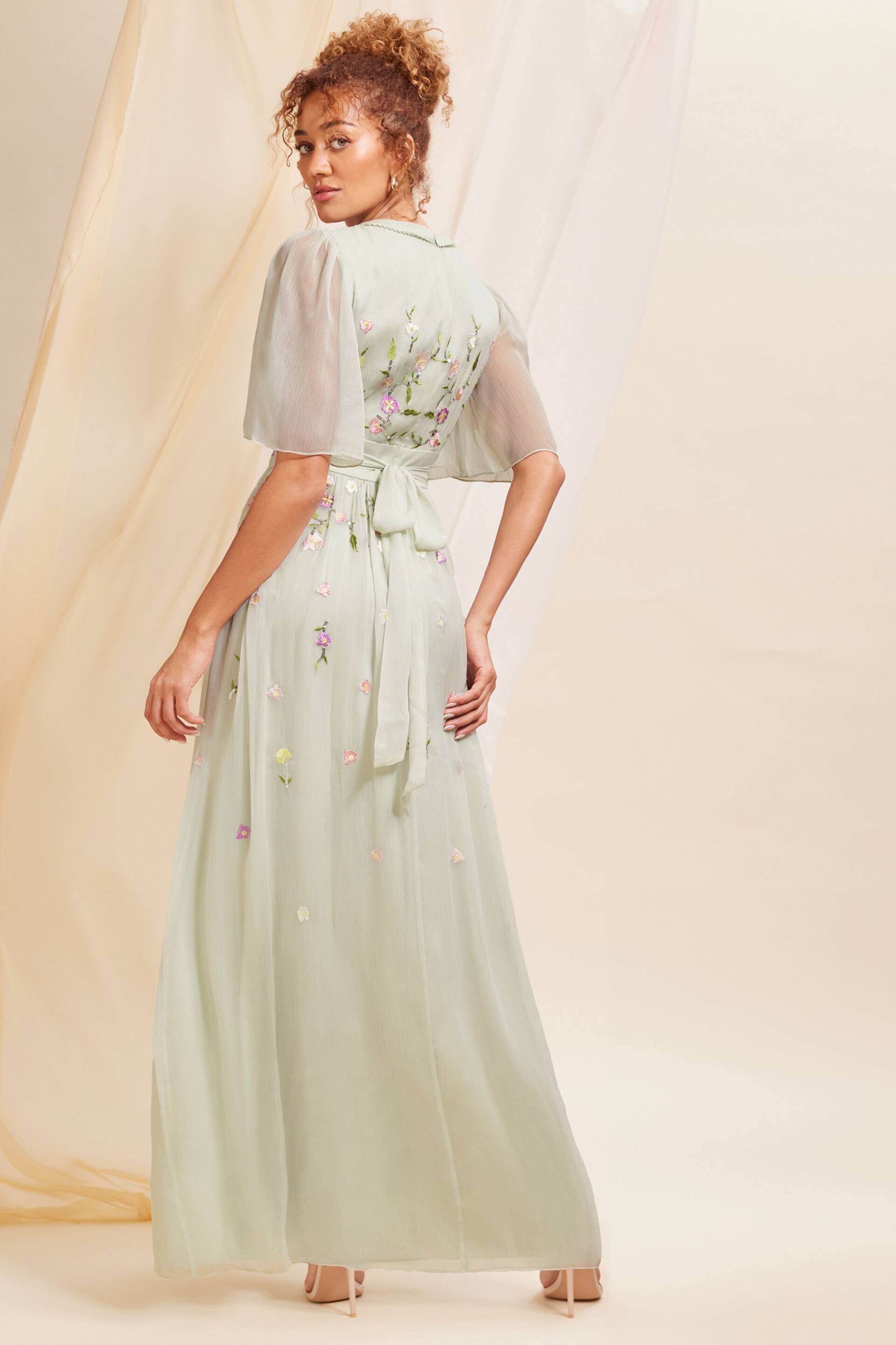 Love & Roses Green Embellished Chiffon Flutter Sleeve Maxi Dress - Image 3 of 4
