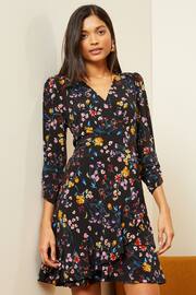 Love & Roses Black Floral Jersey 3/4 Puff Sleeve Wrap Mini Dress - Image 1 of 4