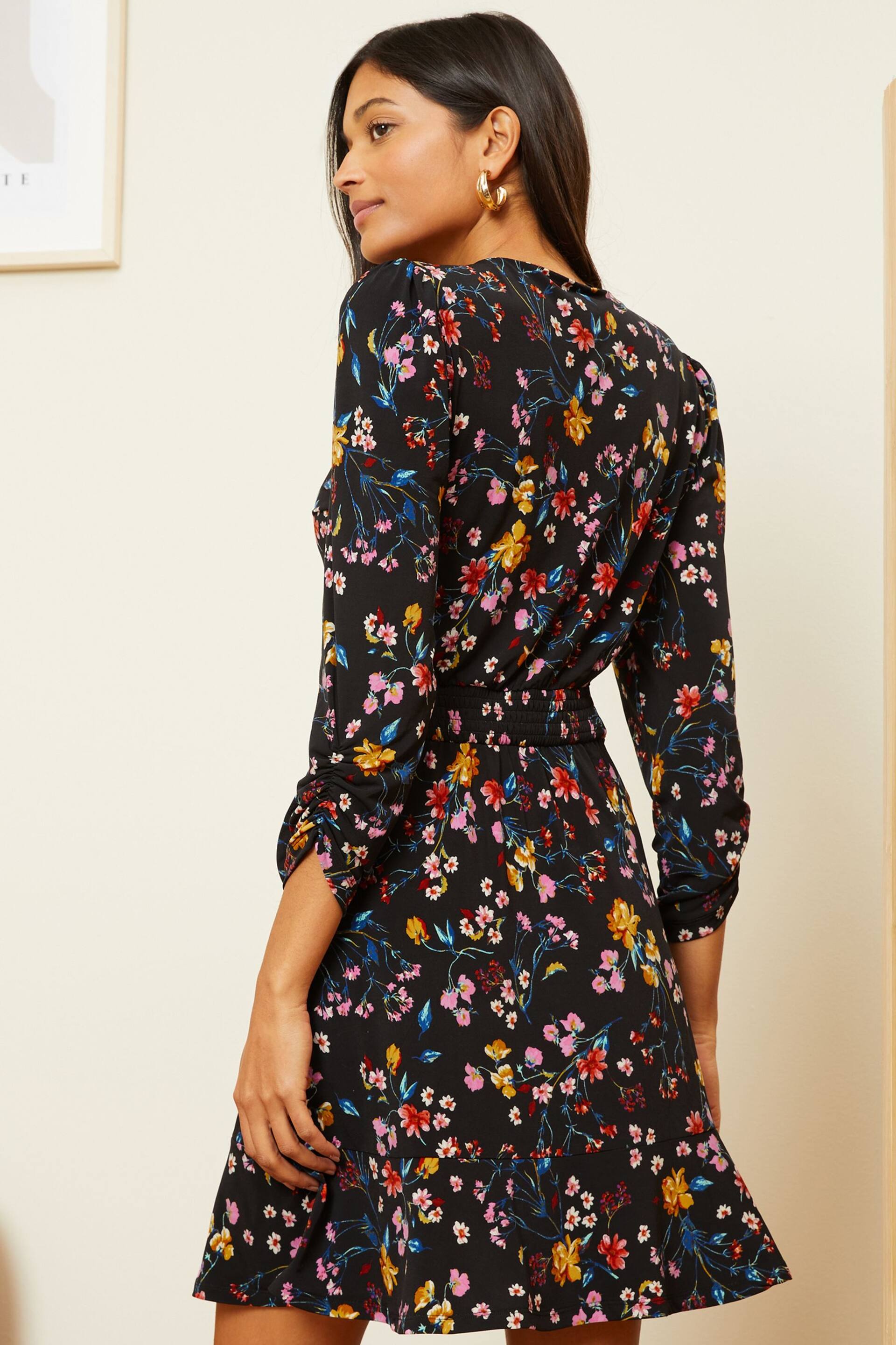 Love & Roses Black Floral Jersey 3/4 Puff Sleeve Wrap Mini Dress - Image 2 of 4