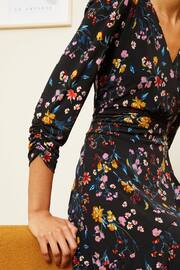 Love & Roses Black Floral Jersey 3/4 Puff Sleeve Wrap Mini Dress - Image 4 of 4