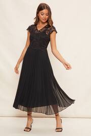 Friends Like These Black Petite V Neck Pleated Lace Midi Dress - Image 1 of 4