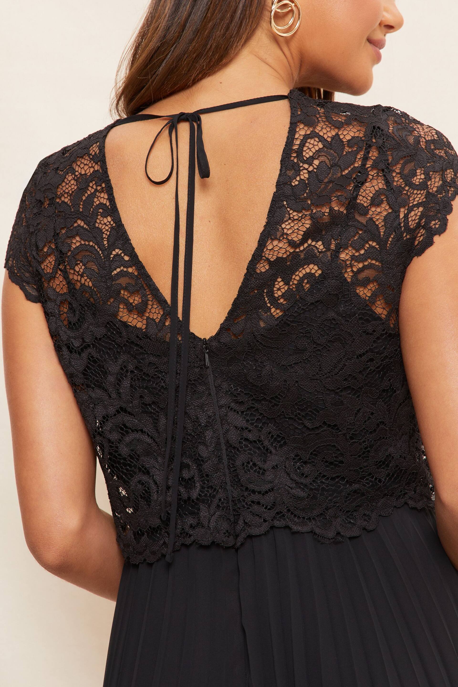 Friends Like These Black Petite V Neck Pleated Lace Midi Dress - Image 3 of 4