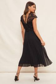 Friends Like These Black Petite V Neck Pleated Lace Midi Dress - Image 4 of 4