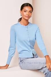 Lipsy Chambray Blue Scallop Detail Crew Neck Button Through Cardigan - Image 1 of 4