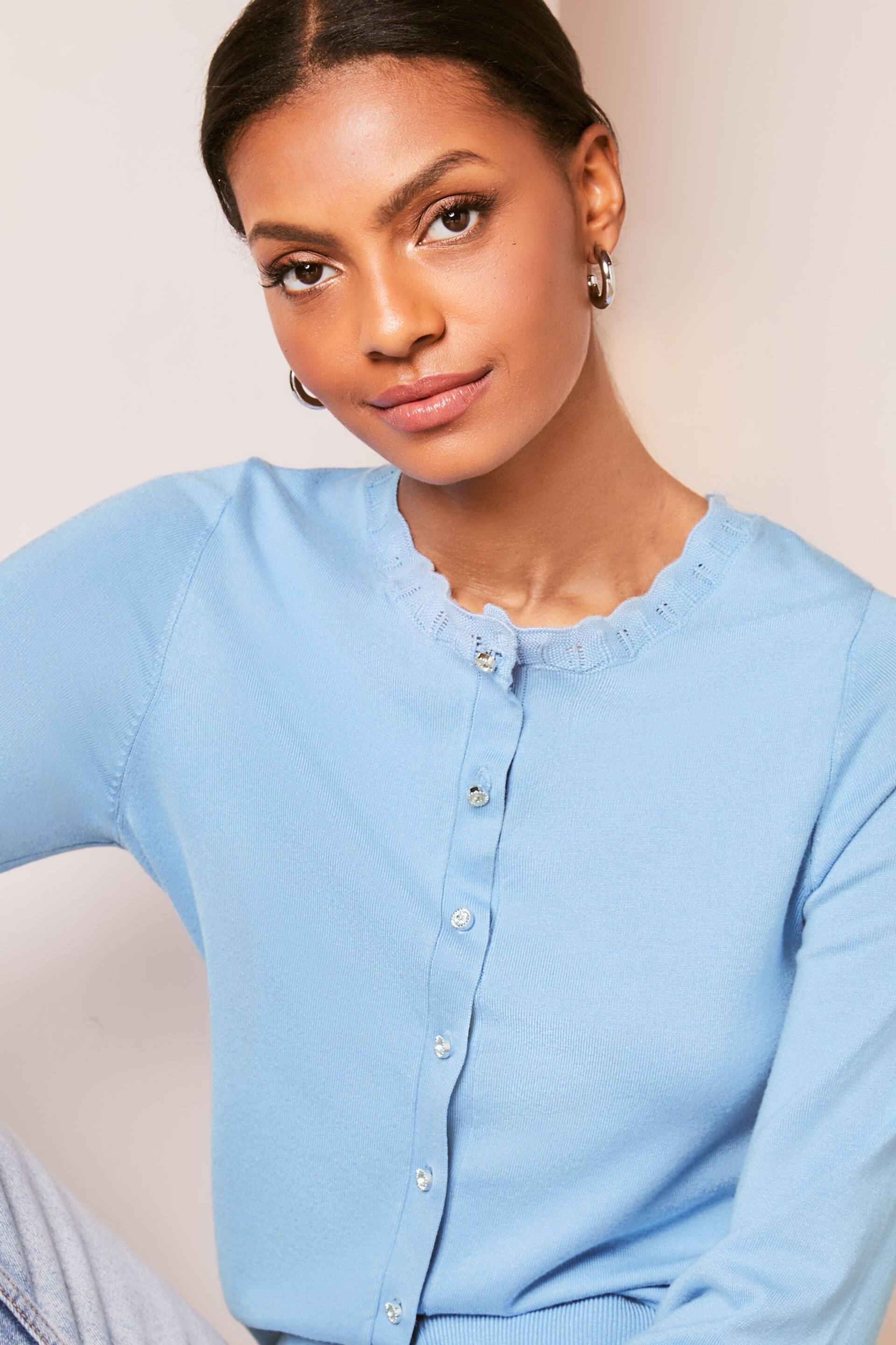 Lipsy Chambray Blue Scallop Detail Crew Neck Button Through Cardigan - Image 3 of 4