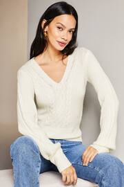 Lipsy Ivory White V Neck Cable Knitted Jumper - Image 1 of 4