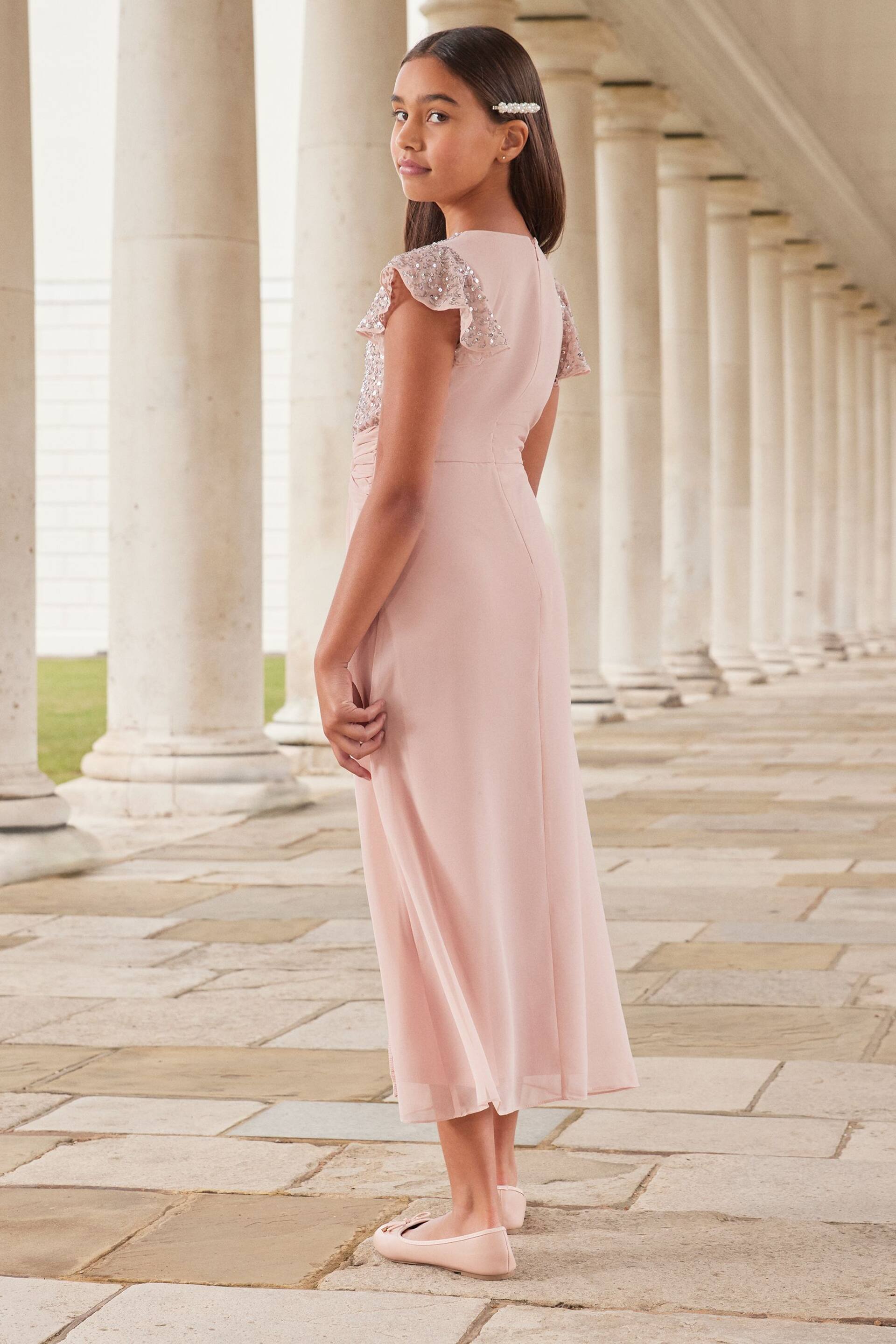 Lipsy Pink Flutter Sleeve Occasion Maxi Dress - Teen - Image 3 of 4