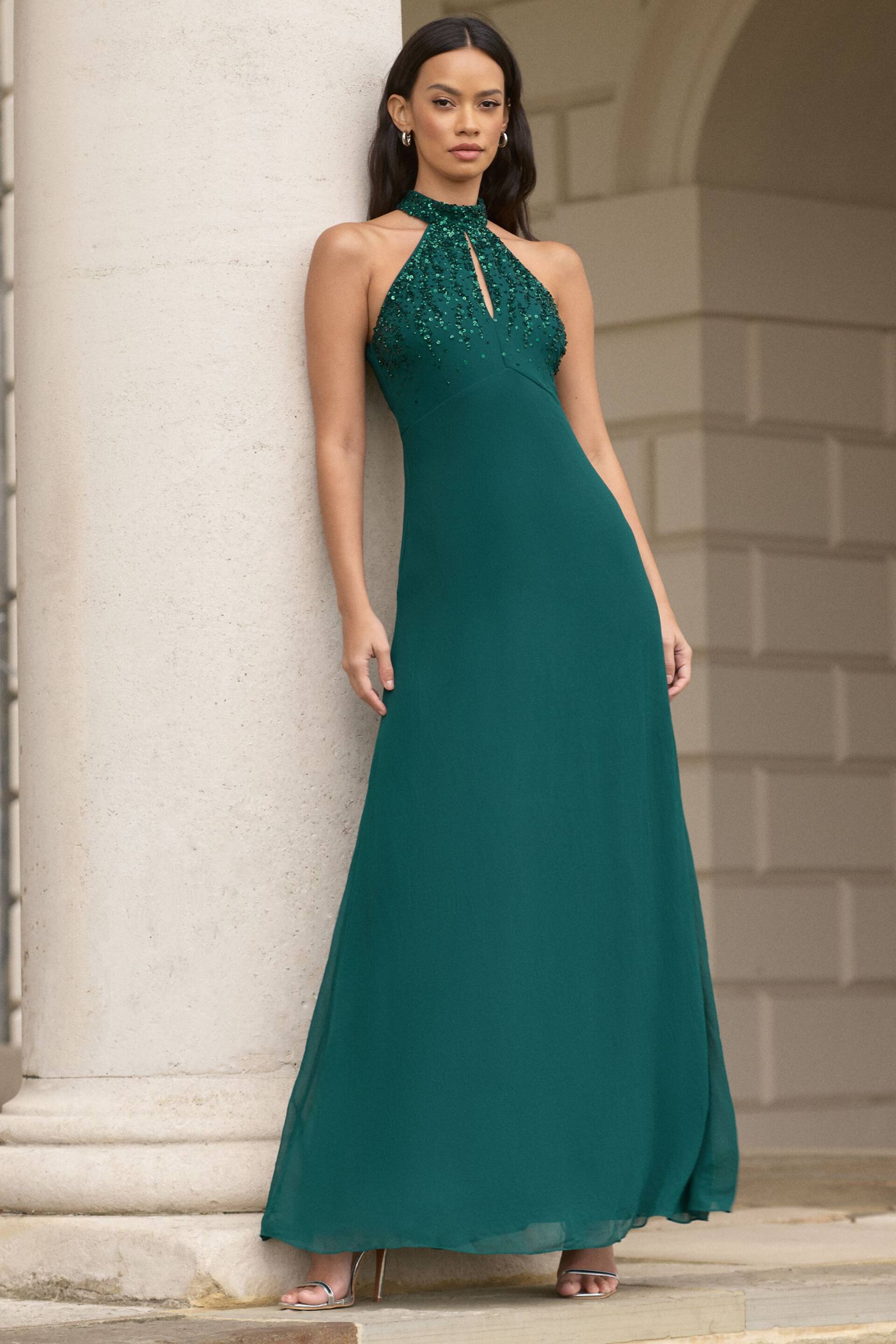 Lipsy Forest Green Bridesmaid Halterneck Embellished Keyhole Maxi Dress - Image 1 of 4