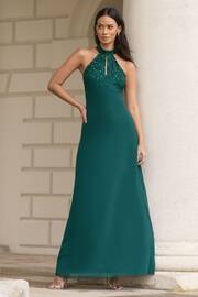 Lipsy Forest Green Bridesmaid Halterneck Embellished Keyhole Maxi Dress - Image 4 of 4