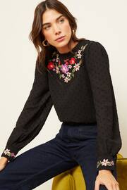 Love & Roses Black Embroidery Petite High Neck Lace Trim Long Sleeve Blouse - Image 1 of 4