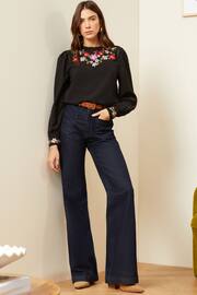 Love & Roses Black Embroidery Petite High Neck Lace Trim Long Sleeve Blouse - Image 4 of 4