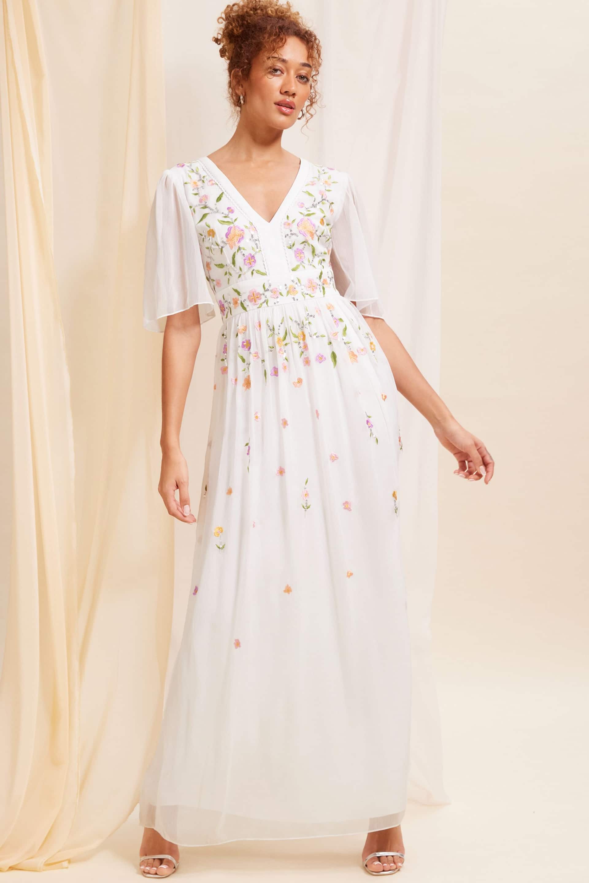 Love & Roses Ivory White Embellished Chiffon Flutter Sleeve Maxi Dress - Image 1 of 4