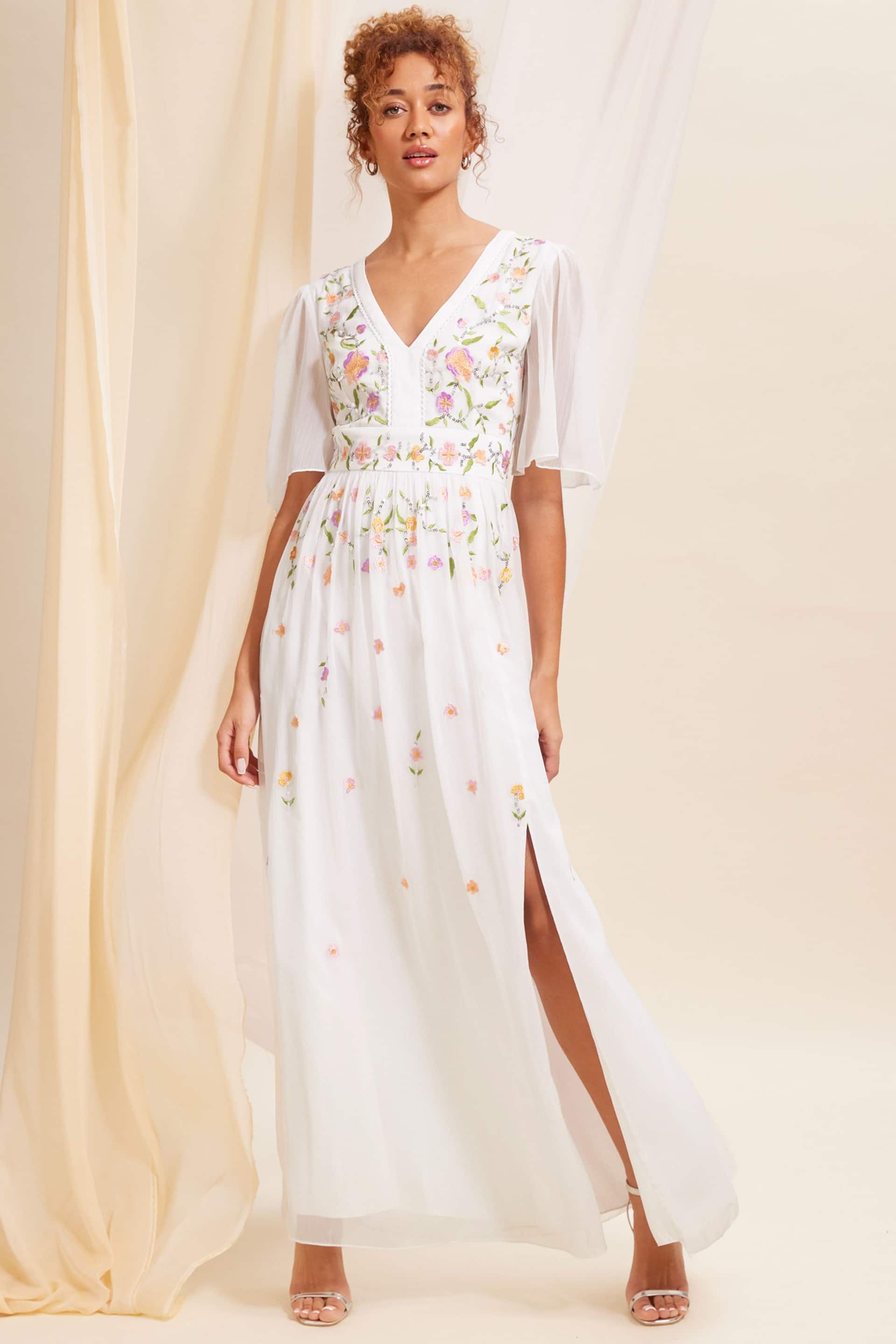 Love & Roses Ivory White Embellished Chiffon Flutter Sleeve Maxi Dress - Image 4 of 4