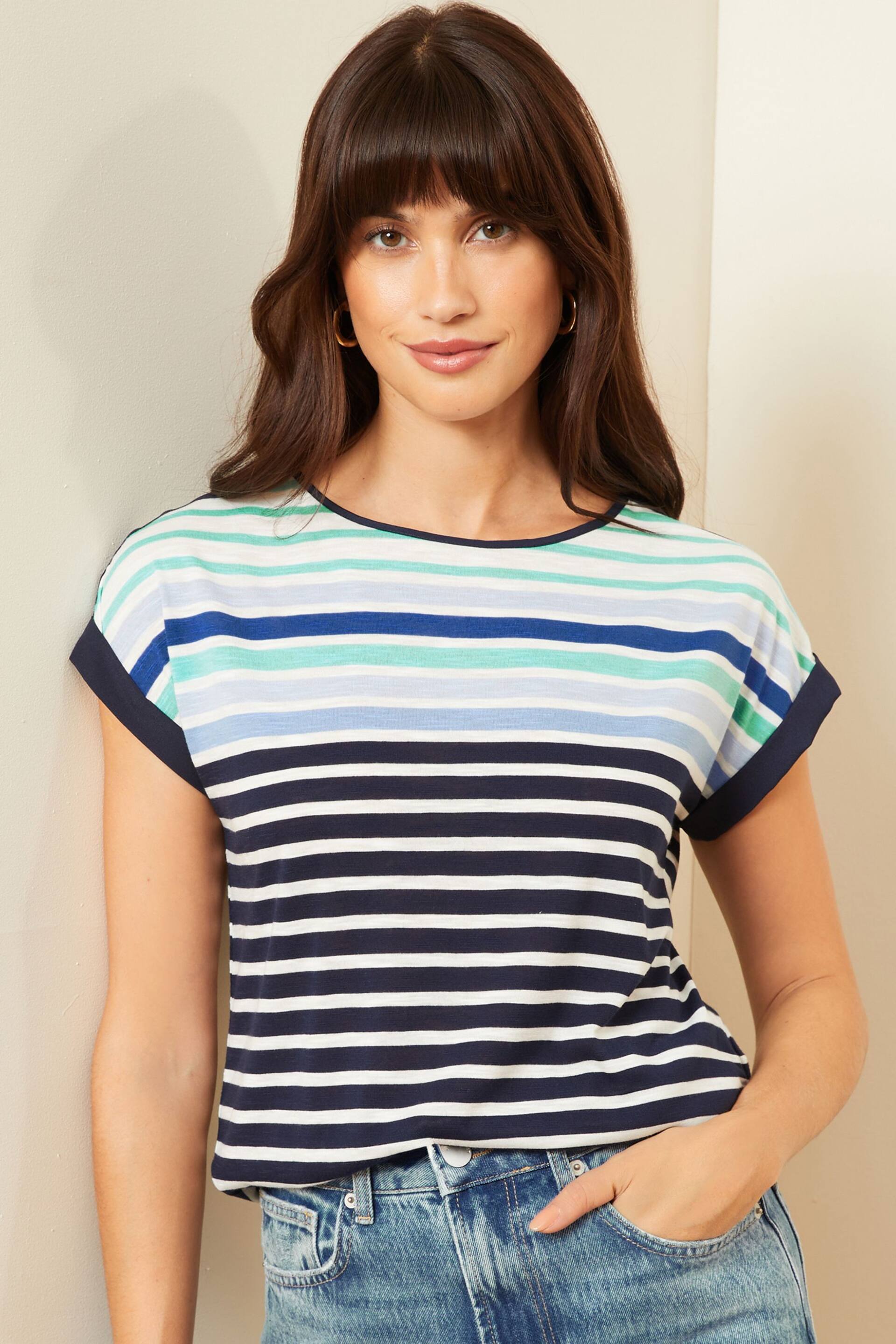 Love & Roses Blue Ombre Stripe Crew Neck Woven Trim Linen Look Jersey T-Shirt - Image 1 of 4