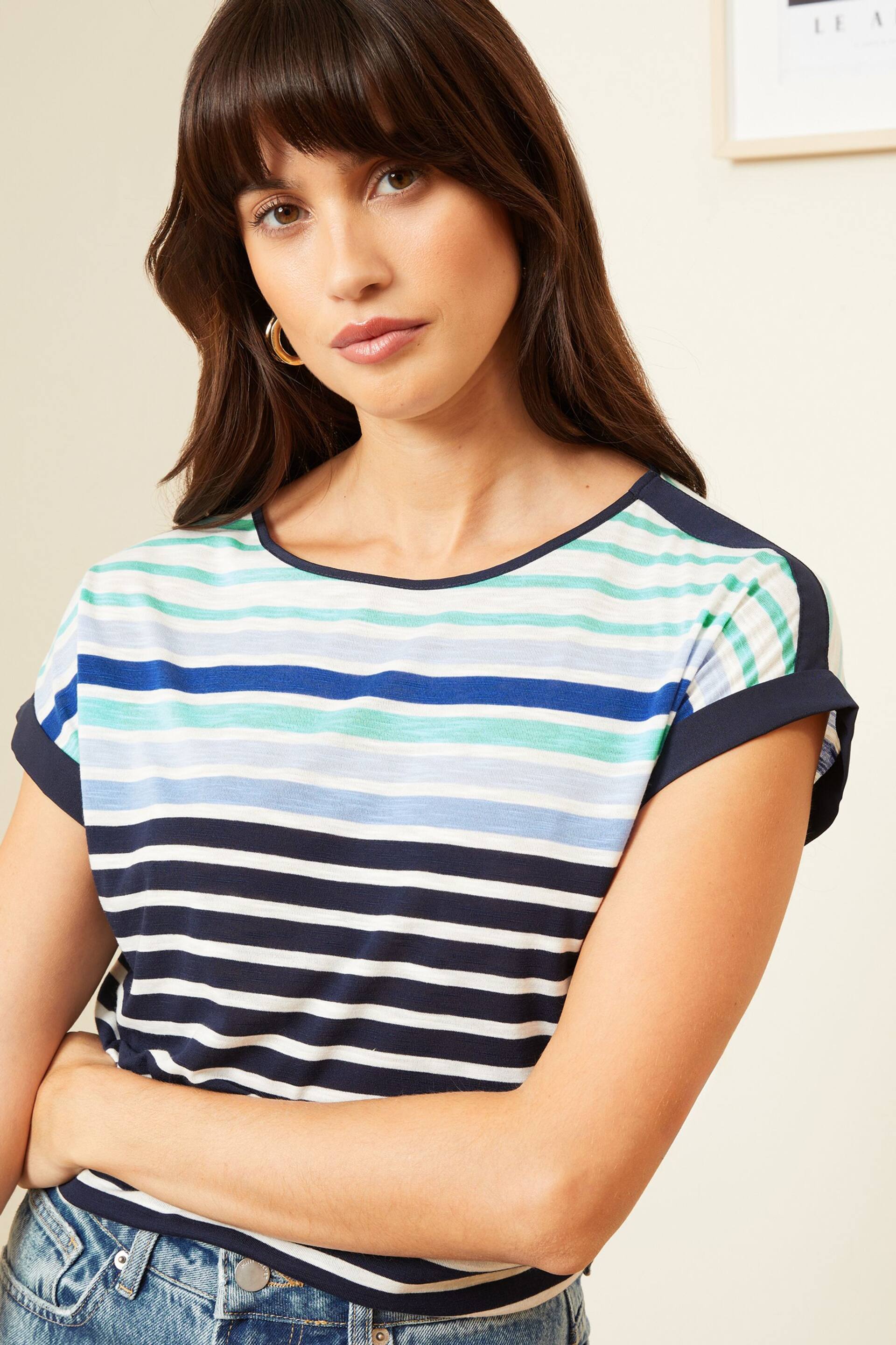 Love & Roses Blue Ombre Stripe Crew Neck Woven Trim Linen Look Jersey T-Shirt - Image 2 of 4